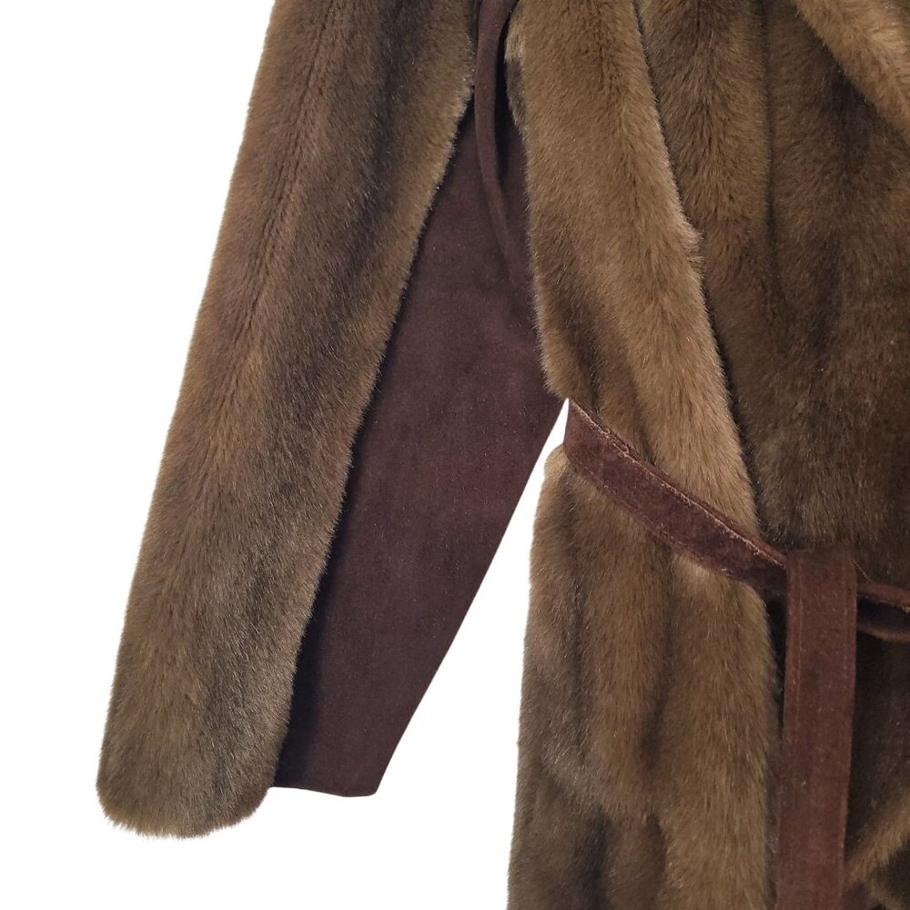 Luxurious Faux Fur & Leather Belted Coat Jacket Made In England - Picture 4 of 16